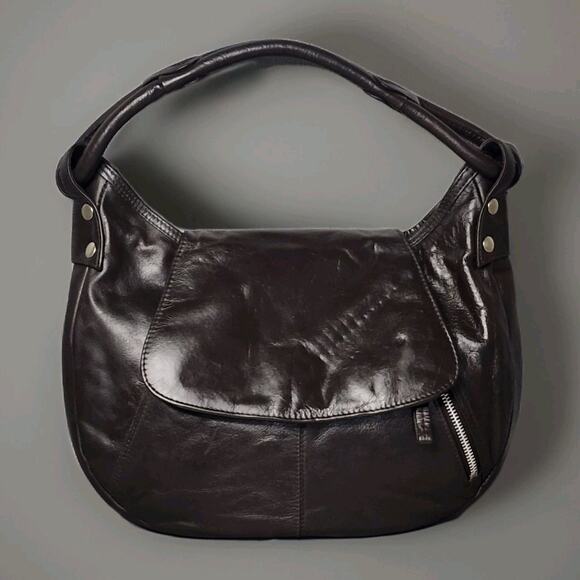 Latico Hobo Bag Dark Brown Leather Fold Over Flap Silhouette Braided Handle Chic - Picture 1 of 10